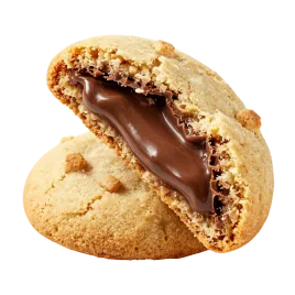 A stuffed cookie broken open with a gooey chocolate hazelnut center