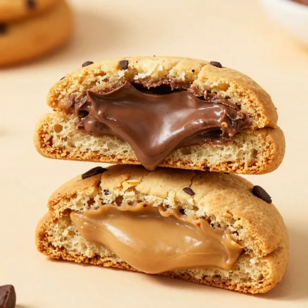 Two stuffed cookies stacked, one with chocolate filling and one with peanut butter filling